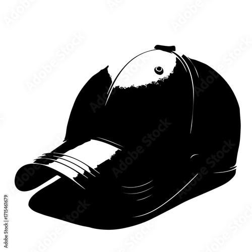 Illustration of a black baseball cap with a curved brim and a button on top against white background