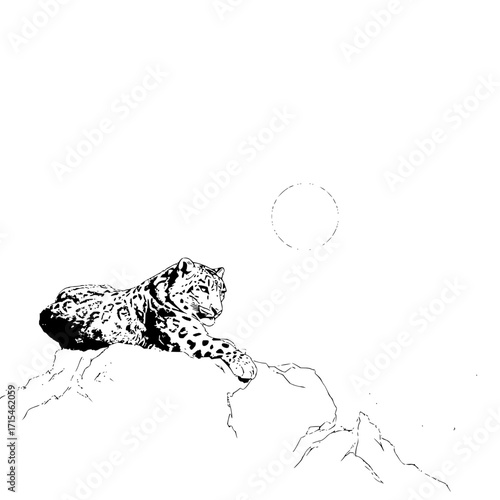 Snow leopard resting on a rocky outcrop under a faint moon in a stark black and white illustration