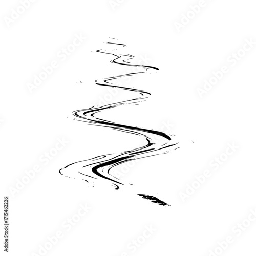 A black and white abstract illustration of a winding line with a textured and brushstroke appearance