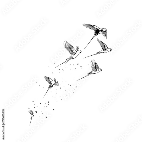 Illustration of a flock of birds in flight with long tails and detailed wings on a white background