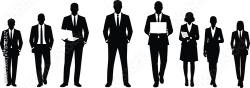 Business team silhouettes, professional figures, corporate staff icons, office attire, laptop users, workplace diversity, career visuals, black silhouettes, teamwork, formal posture, tech-