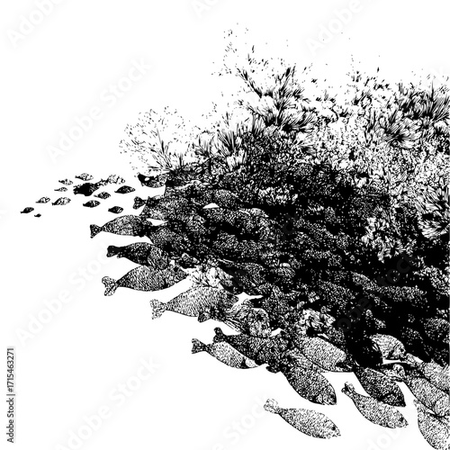 A monochrome illustration of a school of fish swimming near a dense coral reef environment in the ocean