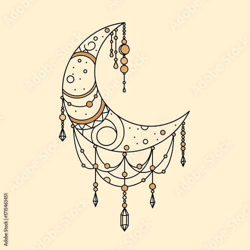 Crescent moon illustration with decorative beads and dangling ornaments on a light background.