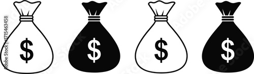Money bag icons, financial symbols, banking graphics, savings visuals, investment design, dollar sign silhouettes, economic tools, budget elements, black and white assets