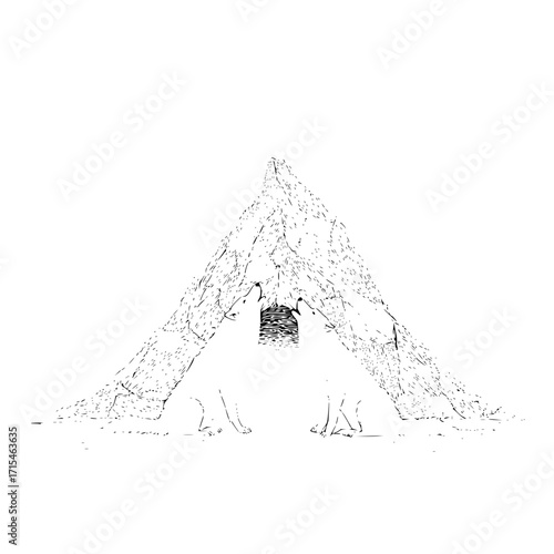 Two wolves howling at the entrance of a rocky den in a black and white sketch illustration style
