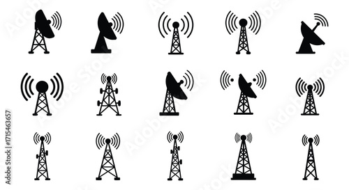 Collection of various black silhouette communication towers and satellite dishes