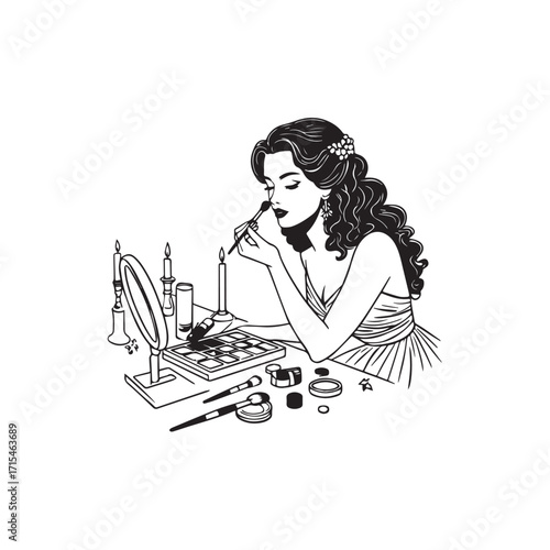 Black and white line art of a beautiful woman doing makeup at dressing table with mirror illustration