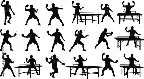 Table tennis silhouettes, ping pong players, sports action icons, dynamic poses, racket movement, athletic stances, black figures, competitive play, agility, precision, motion graphics