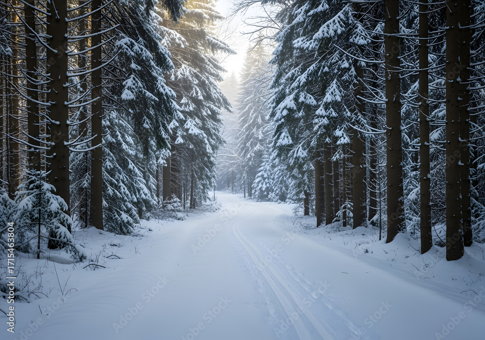 Naklejka premium Snowy Path Through a Winter Forest