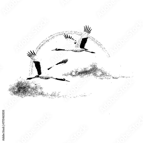Three cranes flying in formation against a speckled sky in a black and white artistic rendering style