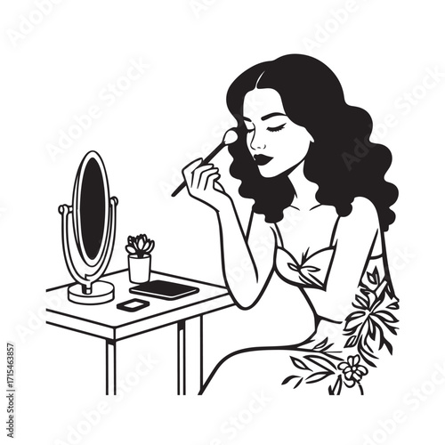 Black and white line art of a beautiful woman doing makeup at dressing table with mirror illustration