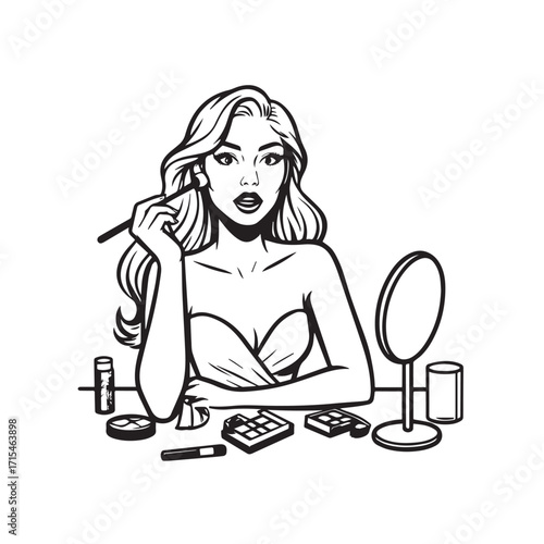 Black and white line art of a beautiful woman doing makeup at dressing table with mirror illustration