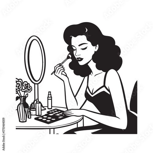 Black and white line art of a beautiful woman doing makeup at dressing table with mirror illustration