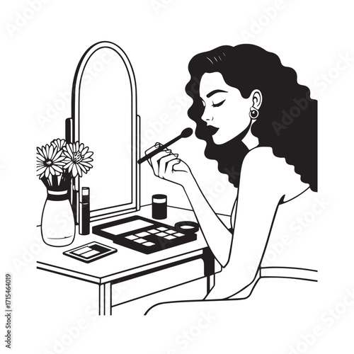 Black and white line art of a beautiful woman doing makeup at dressing table with mirror illustration