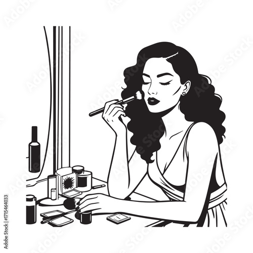 Black and white line art of a beautiful woman doing makeup at dressing table with mirror illustration