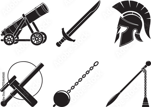 Ancient weapons: cannon, sword, helmet, mace, spear