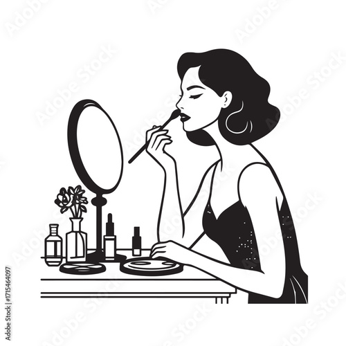 Black and white line art of a beautiful woman doing makeup at dressing table with mirror illustration