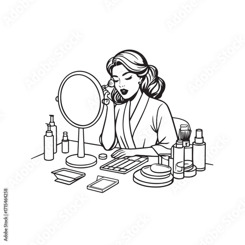 Black and white line art of a beautiful woman doing makeup at dressing table with mirror illustration