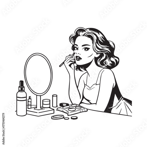 Black and white line art of a beautiful woman doing makeup at dressing table with mirror illustration