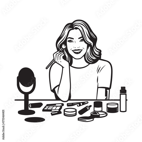 Black and white line art of a beautiful woman doing makeup at dressing table with mirror illustration