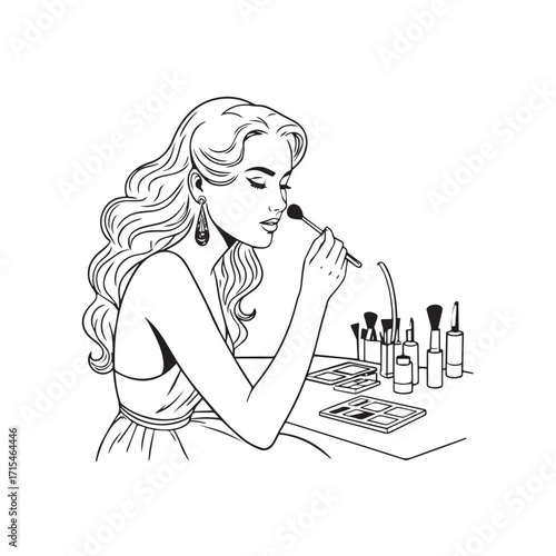 Black and white line art of a beautiful woman doing makeup at dressing table with mirror illustration