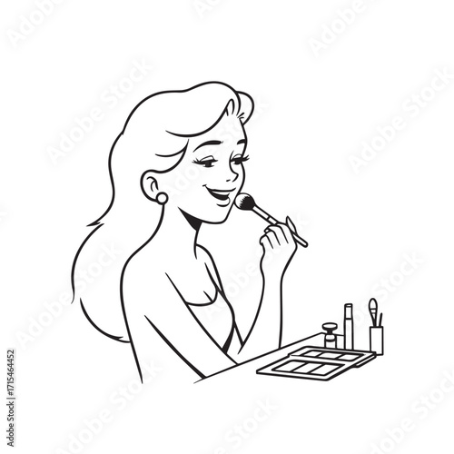 Black and white line art of a beautiful woman doing makeup at dressing table with mirror illustration