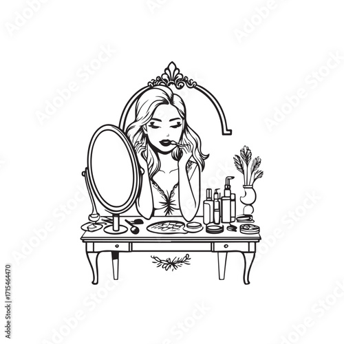 Black and white line art of a beautiful woman doing makeup at dressing table with mirror illustration