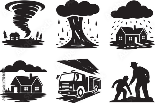 Disaster icons show crisis, help, and emergency response