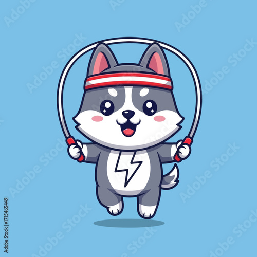 Cute cartoon husky puppy jumping rope, fitness.