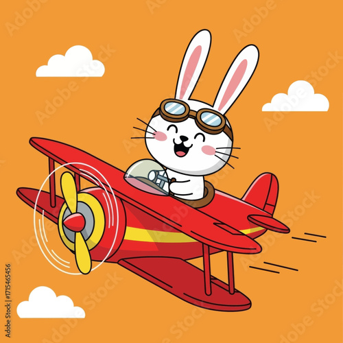 Cute cartoon white bunny in aviator goggles flying a red biplane against an orange sky with clouds.