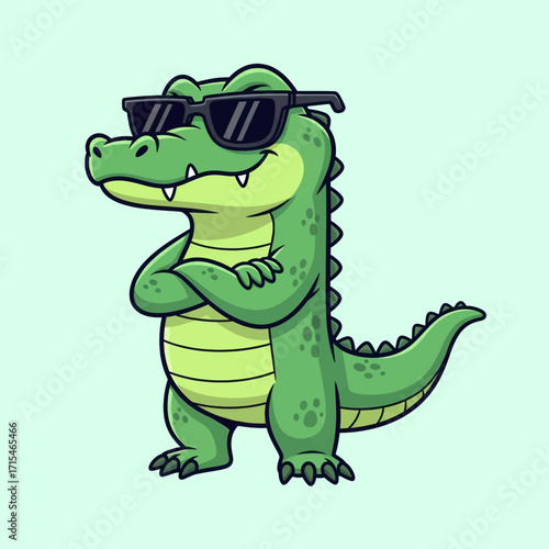 Cartoon illustration of a cool green alligator wearing sunglasses with arms crossed.