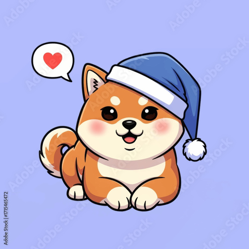 Cute cartoon Shiba Inu dog wearing a blue sleeping cap, lying down, with a heart-shaped thought bubble.