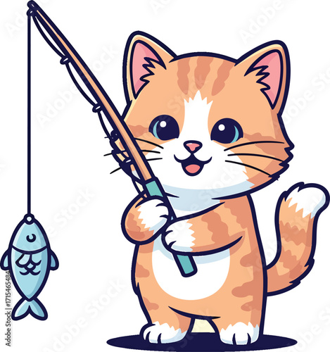 A cute cartoon ginger and white cat happily holding a fishing rod with a blue fish caught on the line.