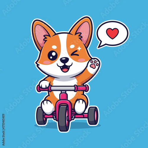 A cute cartoon corgi dog winks and waves while riding a pink tricycle with a heart speech bubble.
