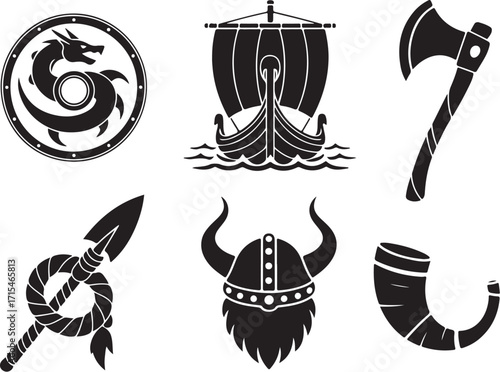 Viking icons set: ship, axe, helmet, shield, spear, horn