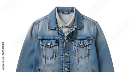 Blue denim jacket closeup fashion apparel casual outerwear style
