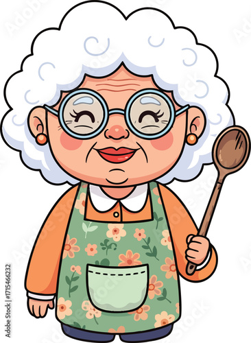 A cheerful cartoon illustration of a grandmother wearing glasses and an apron, holding a wooden spoon.