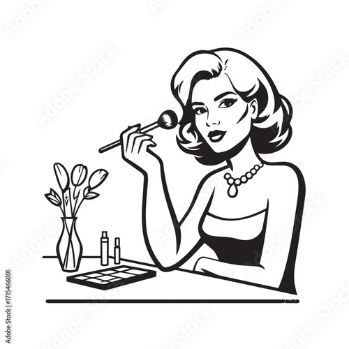 Black and white line art of a beautiful woman doing makeup at dressing table with mirror illustration
