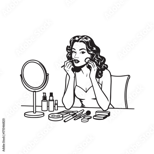 Black and white line art of a beautiful woman doing makeup at dressing table with mirror illustration
