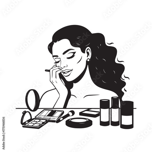 Black and white line art of a beautiful woman doing makeup at dressing table with mirror illustration
