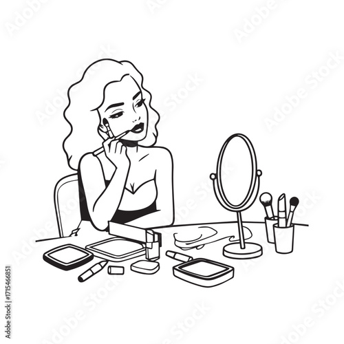 Black and white line art of a beautiful woman doing makeup at dressing table with mirror illustration
