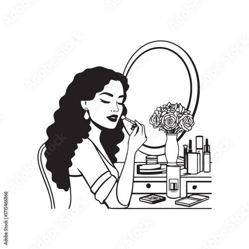 Black and white line art of a beautiful woman doing makeup at dressing table with mirror illustration
