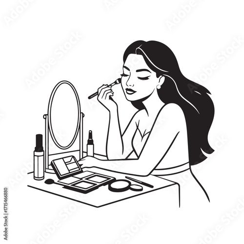Black and white line art of a beautiful woman doing makeup at dressing table with mirror illustration
