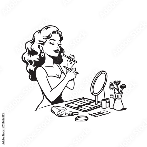 Black and white line art of a beautiful woman doing makeup at dressing table with mirror illustration

