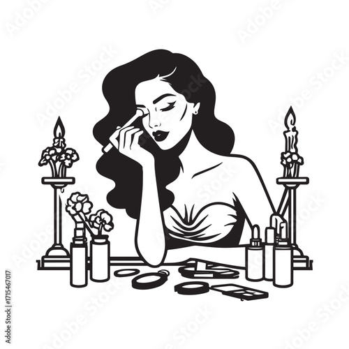 Black and white line art of a beautiful woman doing makeup at dressing table with mirror illustration
