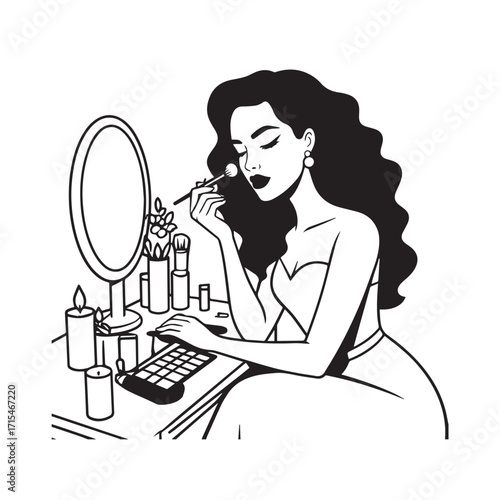 Black and white line art of a beautiful woman doing makeup at dressing table with mirror illustration
