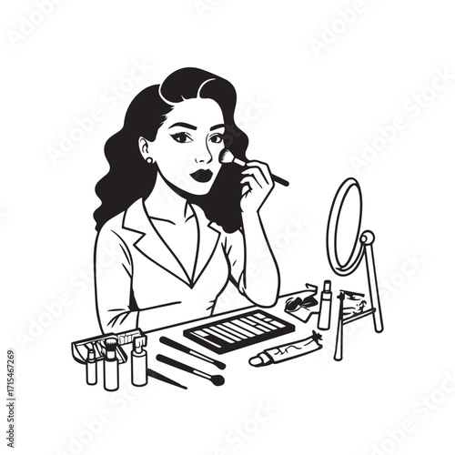 Black and white line art of a beautiful woman doing makeup at dressing table with mirror illustration
