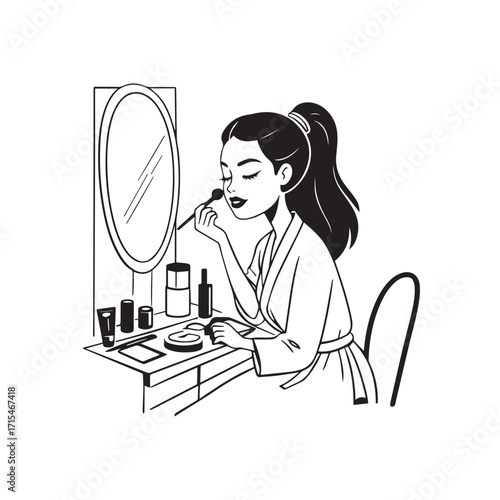 Black and white line art of a beautiful woman doing makeup at dressing table with mirror illustration
