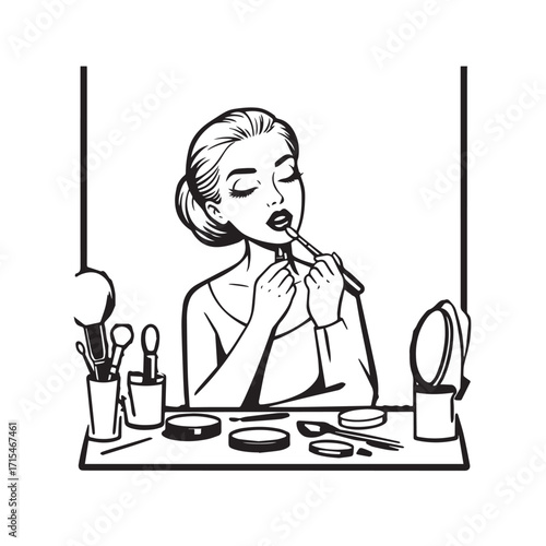 Black and white line art of a beautiful woman doing makeup at dressing table with mirror illustration
