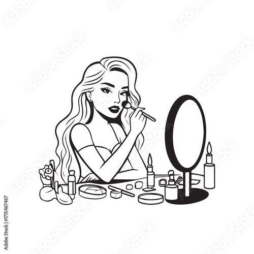 Black and white line art of a beautiful woman doing makeup at dressing table with mirror illustration
